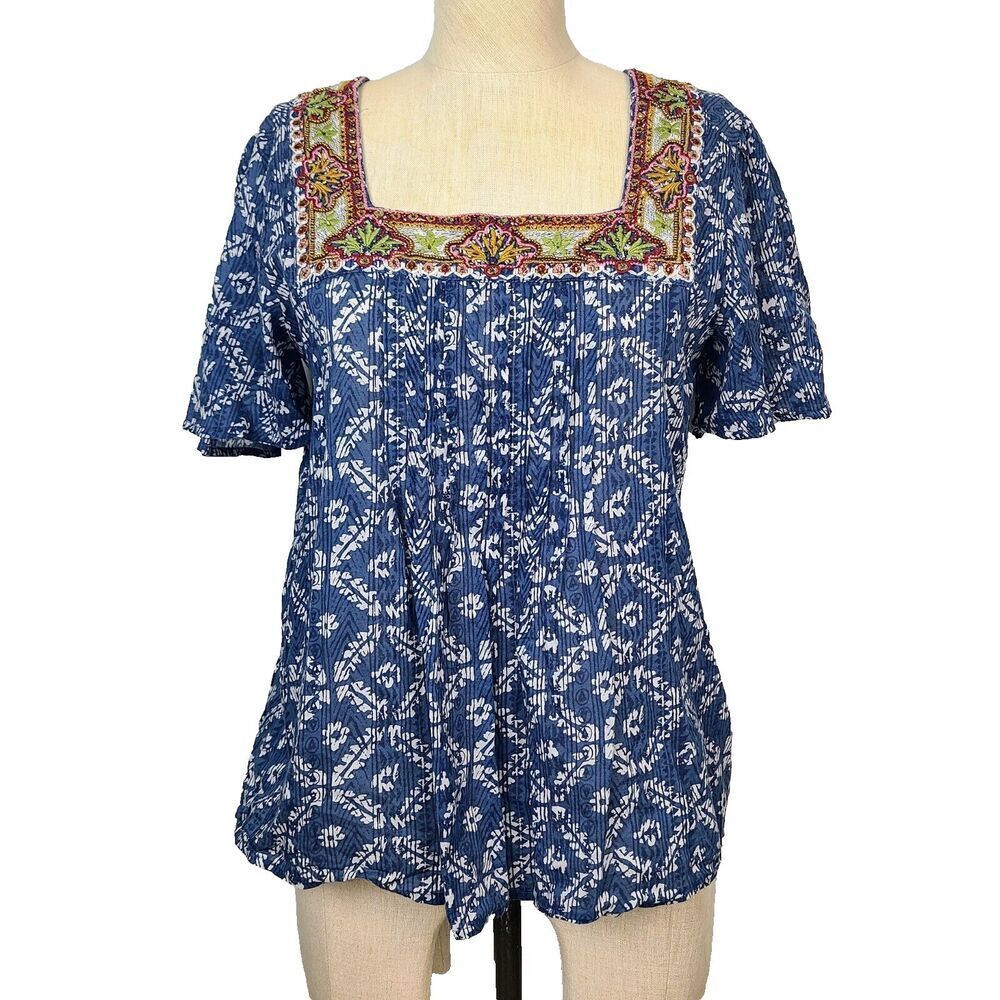 Sundance Top XS Blue White Southwestern Multi Embroidered Beaded‎ Blouse